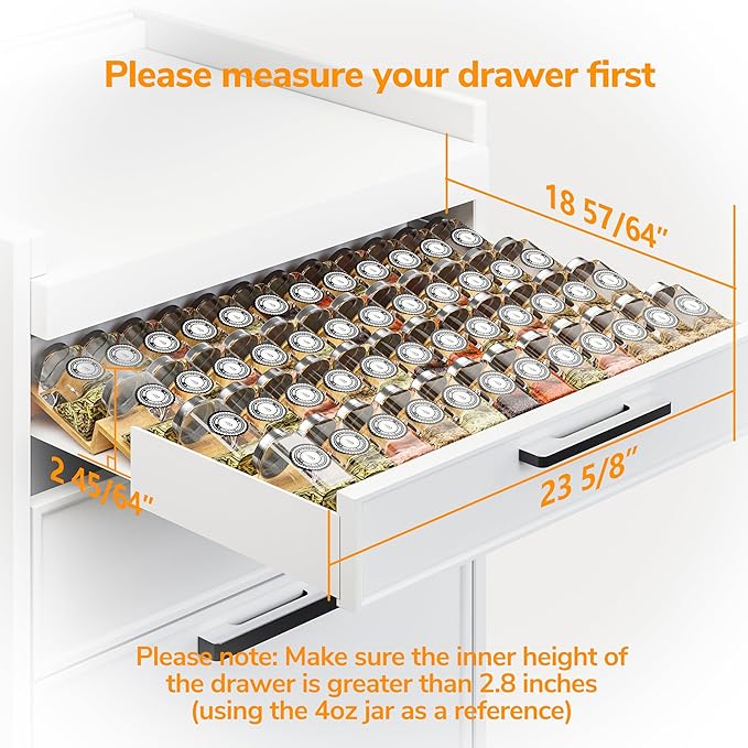 AMBIRD Bamboo Spice Drawer Organizer with Non-slip Mat,4 Tier - 2 Set Jar Spice Rack Tray From 12''to 24''