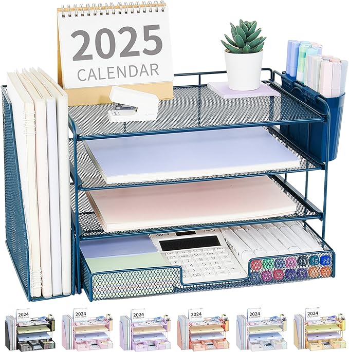 OPNICE Desk Organizer, 4-Tier Desktop File Organizer with Drawer and 2 Pen Holders, Office Desk Accessories, File Sorters