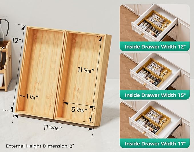 Bamboo Kitchen Drawer Organizer Boxes – 12" x 6" Stackable Wood Silverware Utensil Tray for Drawers Bins, Cutlery & Flatware Storage