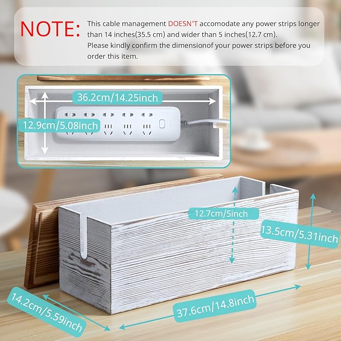 Large Cable Management Box, White Washed Wood Cord Organizer Box for Desk, Floor, Office to Hide Extension Cords Power Stripes Surge Protectors Chargers Wires