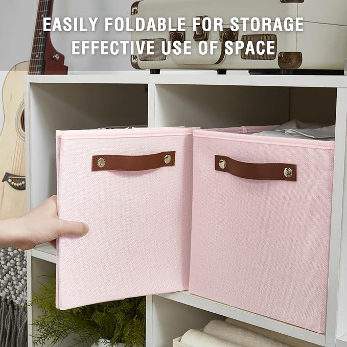 Bagnizer Collapsible Fabric Storage Cube Bins with 2 Reinforced PU Handles, Foldable Storage Organizer Baskets for Closet, Shelves, Living Room | 11"x11"x11", 4 Pack, Full Pink