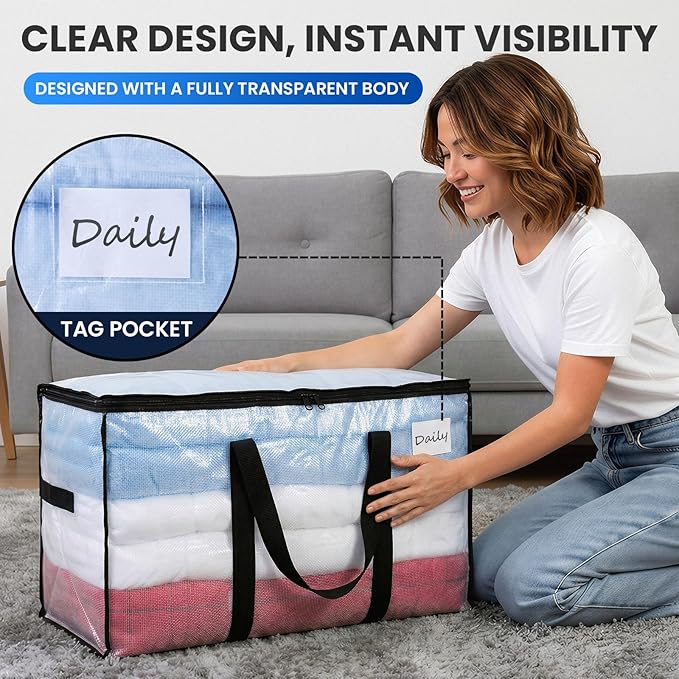 TAILI Extra Large Moving Bags, 12 Pack Clear Heavy Duty Totes For Storage with Visible Window, Wrap Around Handles, Storage Bags for Space Saving