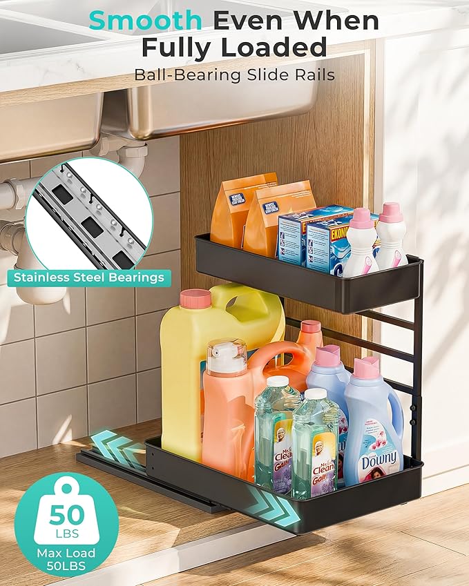 Metal Pull Out Slide Shelf Organizer for Under Sink Organization in Kitchen