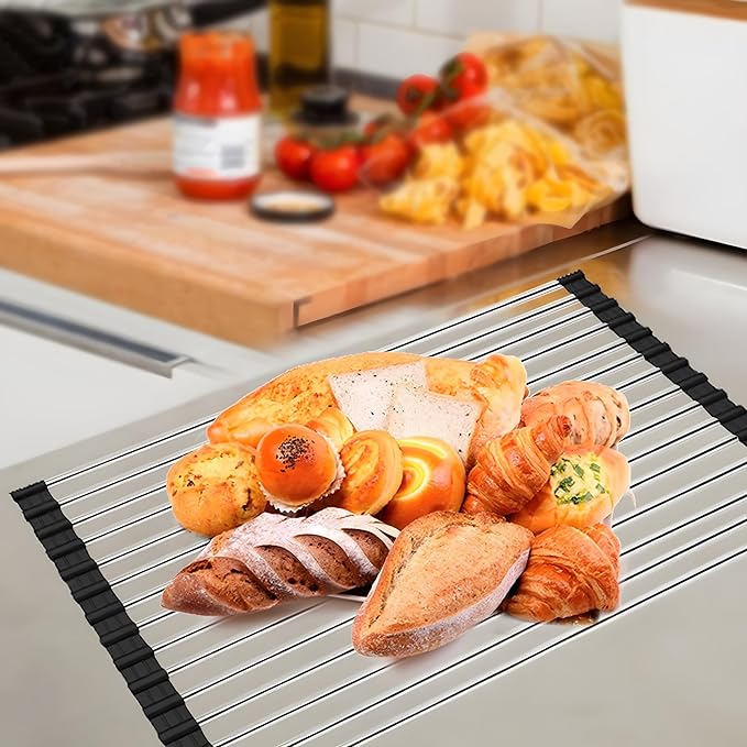 Roll up Dish Drying Rack Over The Sink Kitchen Roll up Sink Drying Rack Portable Dish Drainer Foldable Dish Drying Rack (Black, 37 * 30CM)