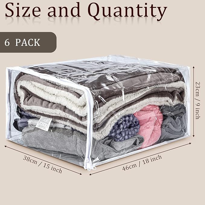 6 Packs Clear Zippered Storage Bags Sweater Moth Bags Plastic Storage for Blankets Clothes Bed Sheet Organizer with Zipper for Closet Linen Sweater