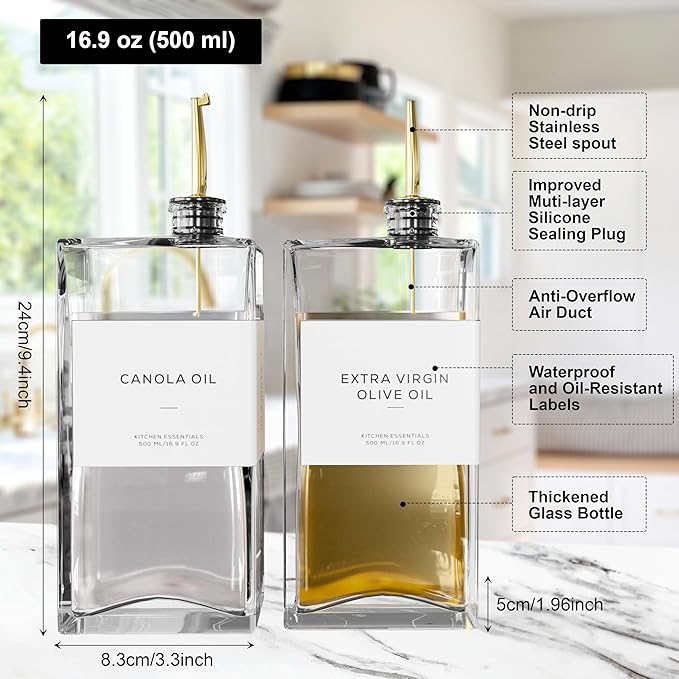 Olive Oil Dispenser for Kitchen, 16.9 oz/ 500 ml Olive Oil Dispenser Bottle, Glass Oil Bottles for Kitchen with 4 Stainless Steel Pourers, 40 Labels, 2 Pcs, Gold
