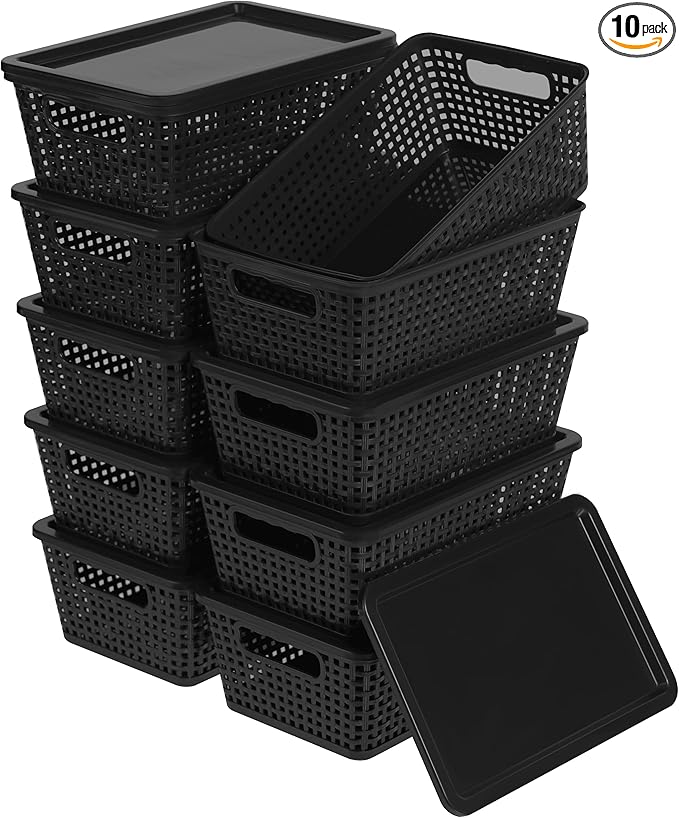 Plastic Storage Baskets With Lid, Storage Bins for Organizing, Stackable Decorative Containers for Shelves Drawers Desktop Closet Playroom Classroom Office,10 Pack-Black