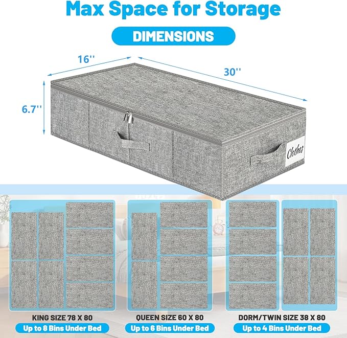 Under Bed Storage Container Bin 3 Pack, Low Profile Foldable Underbed Clothes Storage Organizer W/ Ultra Thick Fabric and Sturdy Bottom/Sides