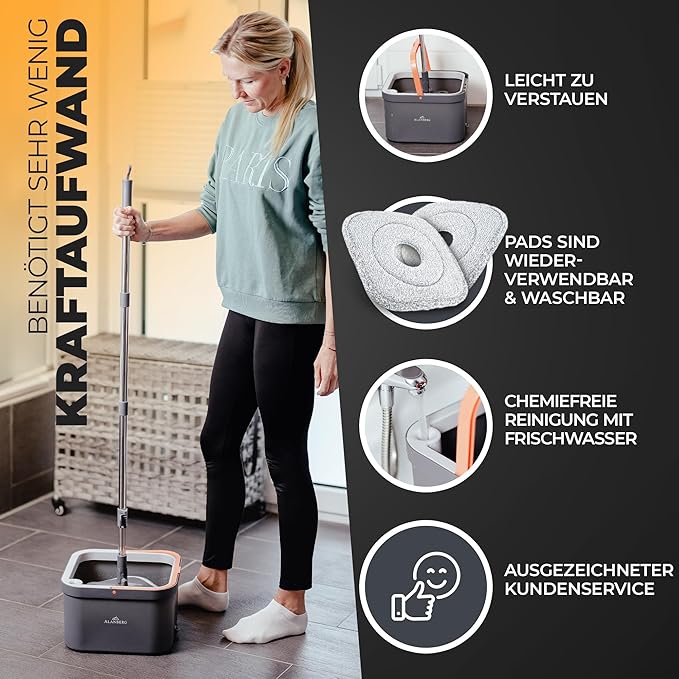 Spin Mop and Bucket Set with Wringer – Dual-Chamber Self Wringing Mop, Flat Microfiber Mop for Hardwood, Tile & Vinyl Floors, 2 Washable Replacement Heads, 63" Handle, Gray