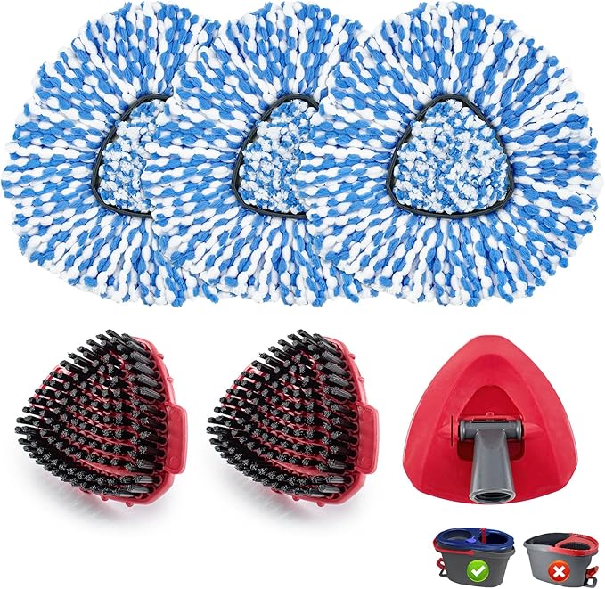 Mop Heads Replacements for O-Cedar RinseClean 2-Tank Spin Mop, Mop Replace Head for O Cedar, Spin Mop Heads for Ocedar Includes 3 Pack Mop Refills, 2 Upgrade Scrub Brush, 1 Mop Base for O-Cedar Mop