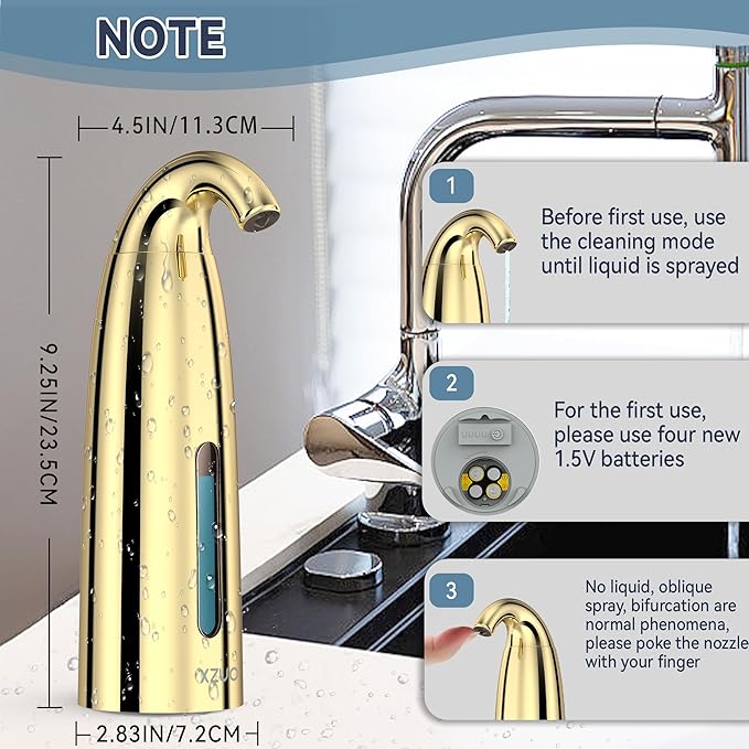 Automatic Soap Dispenser with Infrared Sensor - Adjustable 4-Level Touchless Hand Soap for Kitchen, Bathroom - Battery Operated Electric Dispenser, Durable Plastic, Smart Soap Holder (Battery Gold)