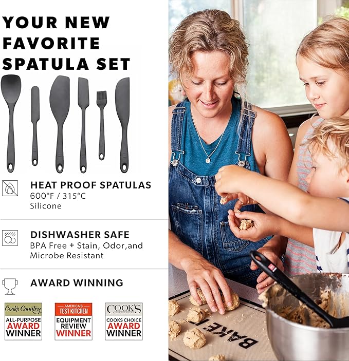 DI ORO 6-Piece Silicone Spatula Set - Rubber Kitchen Utensils for Baking, Cooking & Mixing - Heat-Resistant 600°F BPA Free Spatulas for Nonstick Cookware - Dishwasher Safe (Smoke)