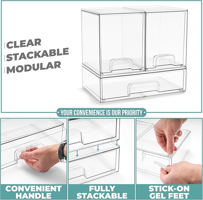 Sorbus Acrylic Storage Containers - 3 Pack, Stackable Storage Bins Set for Bathroom Organization - Clear Acrylic Drawer Organizers - Makeup Case Pull-Out Drawers (7.6’’ Tall and 12.1’’ Wide)