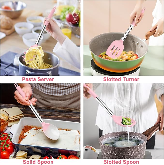 TeamFar Cooking Utensils Set, 5 PCS Silicone Kitchen Utensils with Stainless Steel Handle for Nonstick Cookware Turning Flipping Frying Draining, Heatproof & Healthy, Nonstick & Easy Clean, Pink