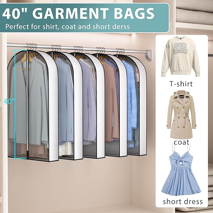 Liuoud 40” Garment Bags for Hanging Clothes 4” Gusseted - with Clear Window, Breathable Fabric, Metal Zipper, Suit Coat Dress Protector for Clothes Closet storage, Season Off, Moving, 5 Pack