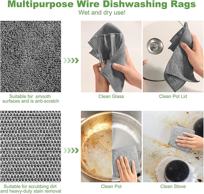 Jeymei 20Counts Multipurpose Wire Dishwashing Rag,Non Scratch Wire Dishcloth,Microfiber Miracle Cleaning Cloth with Mesh,Dual-Sided Steel Mesh Cloth for Pot,Metal Scrubber for Washing Dishes,Grey&Blue