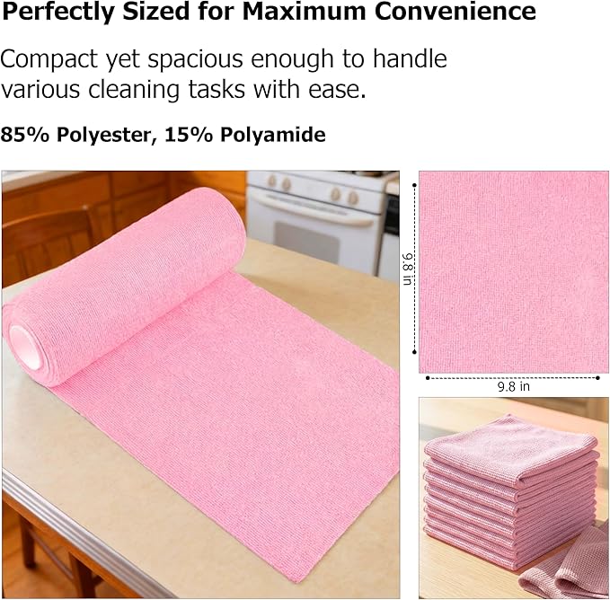 Microfiber Cleaning Cloth Roll Tearaway – Reusable Paper Towels for Kitchen & Home – Microfiber Towel Roll & Fiber Rags Bulk (Pink)