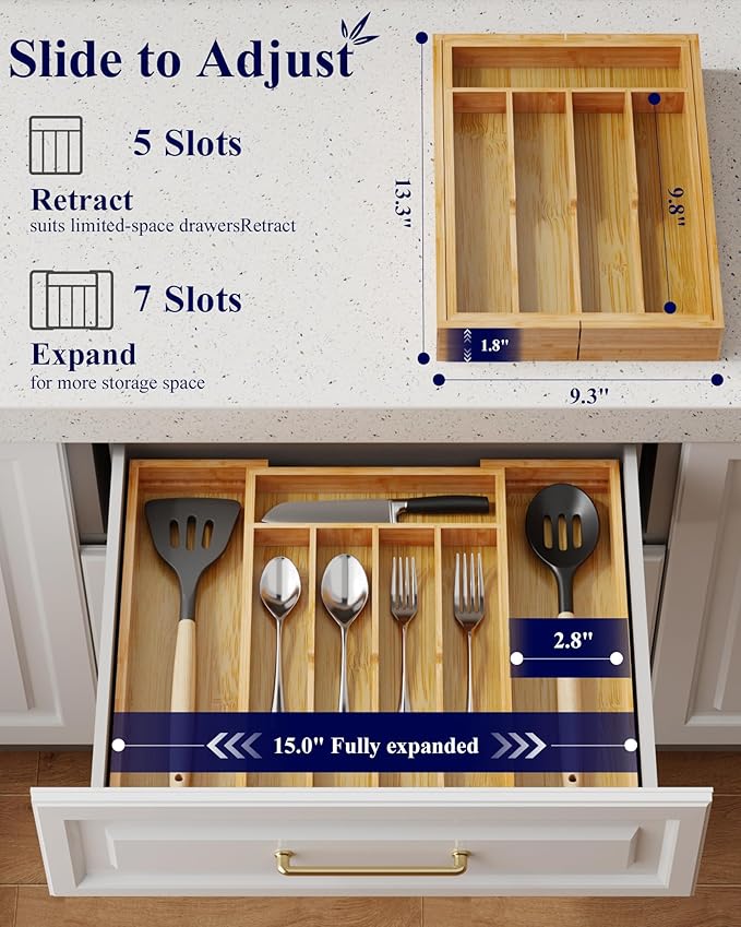 Kitsure Silverware Organizer - Expandable Bamboo Kitchen Drawer Organizer for Cooking Utensils and Cutlery