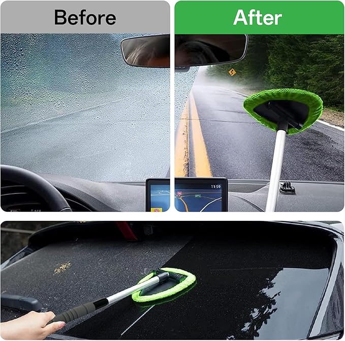 Windshield Cleaner Tool with Extendable Handle, Car Window Cleaning Kit for Inside & Outside Glass, Includes Microfiber Pads, Brush & Bottle (7 Pcs