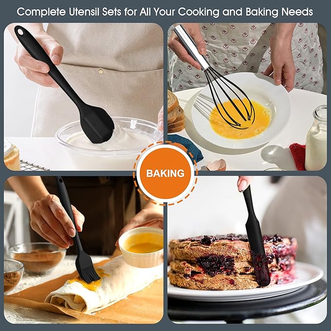 Kitchen Utensils Set, E-far 15-Piece Silicone Cooking Utensils with Holder, Non-stick Cookware Friendly & Heat Resistant, Includes Ladle Spatula Spoon Slotted Turner for Cooking & Baking (Black)