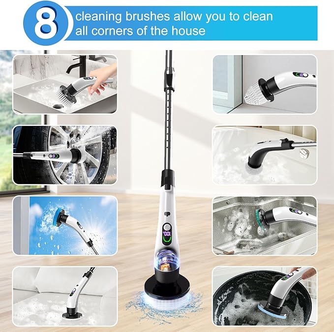 Electric Spin Scrubber with Power LCD Display, Cordless Bathroom Cleaning Brush with Adjustable Extension Handle, 400RPM/Mins, 9 Replaceable Brush Heads, IPX7 Waterproof for Shower, Bathtub, Tile
