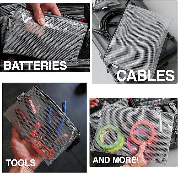 GOBAGS Air Production Large Clear Zipper Pouch (4‑Pack) – Cable Organizer & Travel Gear Bag for Electronics, Camera Accessories, Tool Pouch & Small Tech Storage