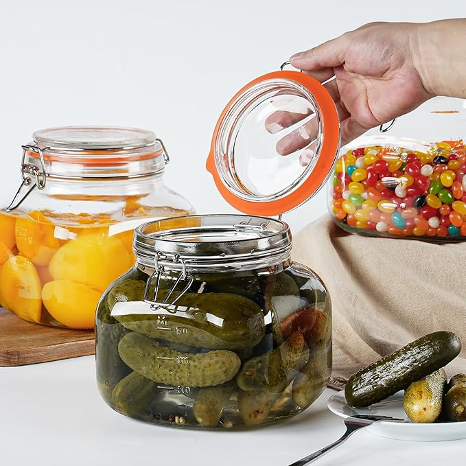 Large Glass Jars with Airtight Lid, 2 Pack Glass Food Storage Jars with 2 Scale Marks, Square Glass Canisters for Flour, Cereal, Coffee, Pasta