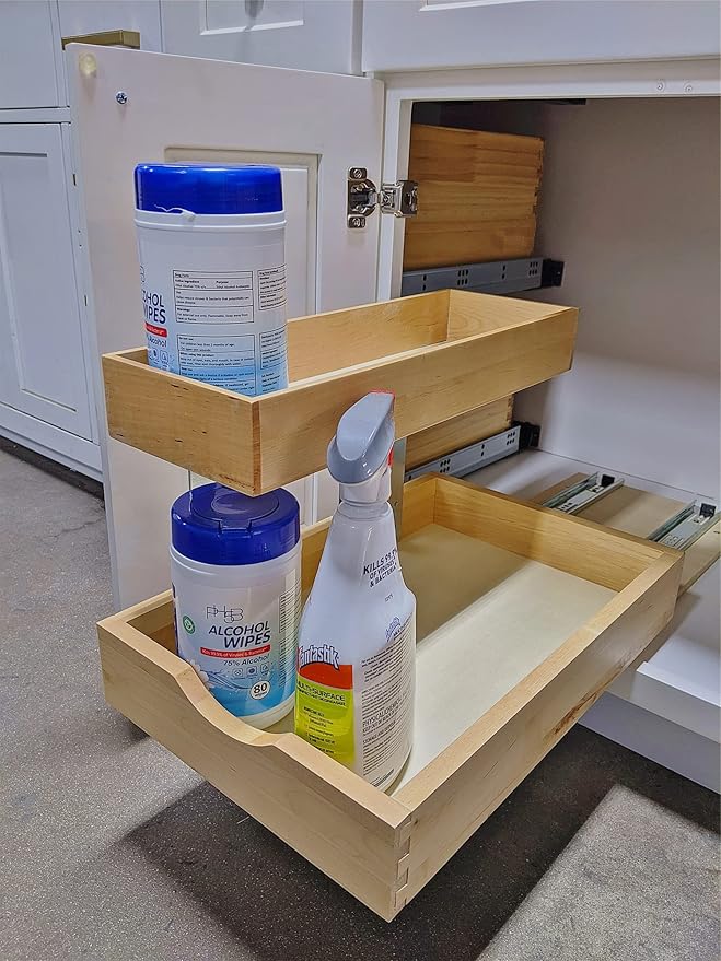 2 Tier Pull Out Organizer Shelf Sliding Drawer Storage for Kitchen Bathroom Storage Cabinet Under Sink Slide Out Shelf Organizing Storage Pull-Out Cabinet Organizer Roll Out Drawer (12'' Width)
