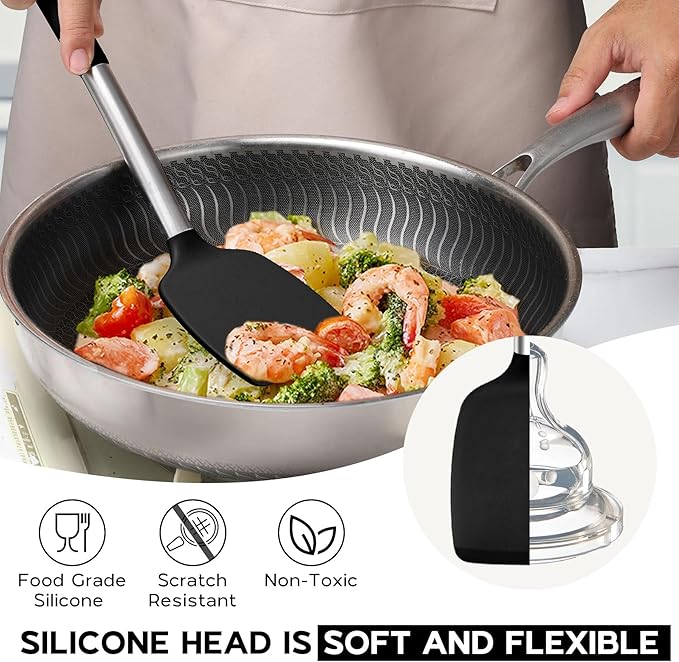 Onader Kitchen Utensils Set, 15 Pcs Silicone Cooking Utensils Set with Holder and Heat Resistant Stainless Steel Handle for Nonstick Cookware - Black
