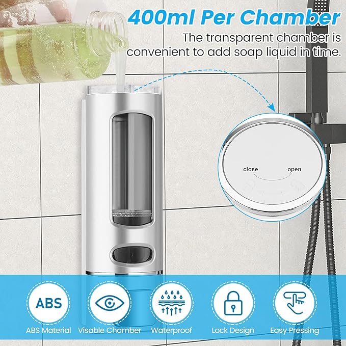 Foam Hand Liquid Soap Dispenser, 400ml Bathroom Shower Dispenser Gel Container Shower Pump Dispenser and Organizer for Bathroom Kitchen Hotel, Refillable Liquid Lotion Soap Dispenser Wall Mounted