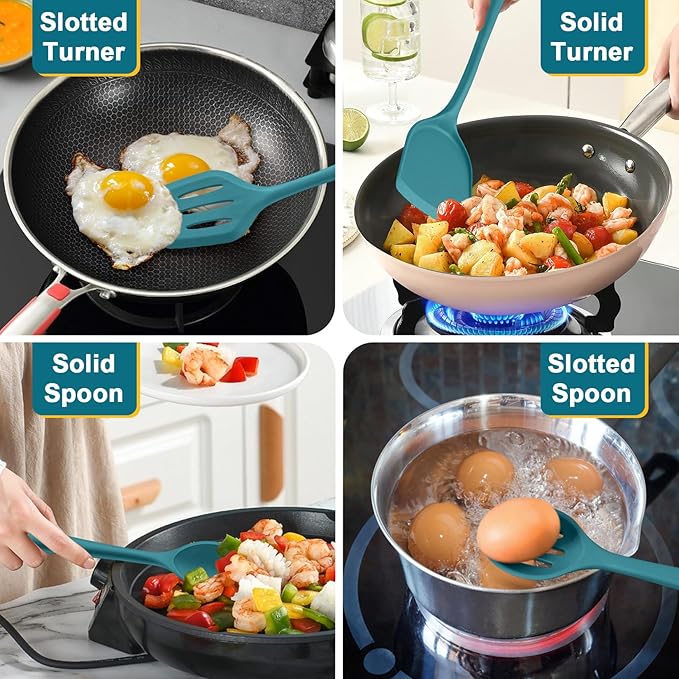P&P CHEF Kitchen Utensil Set, 4 Pieces Non-stick Silicone Cooking Utensils, Heat-resistant Slotted Solid Spoon Turner for Frying, Mixing, Serving, Non-toxic & Easy to Clean, Blue