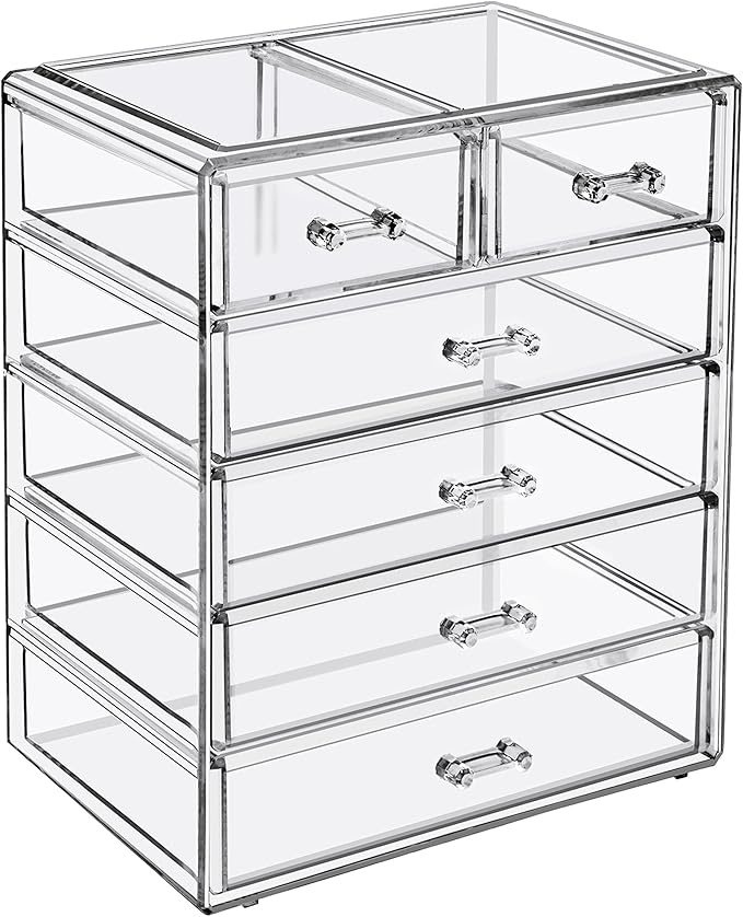 Sorbus Acrylic Makeup Organizer Set, 6-Drawer Vanity & Countertop Cosmetic Storage with Small & Wide Drawers, Clear Makeup Storage for Brushes