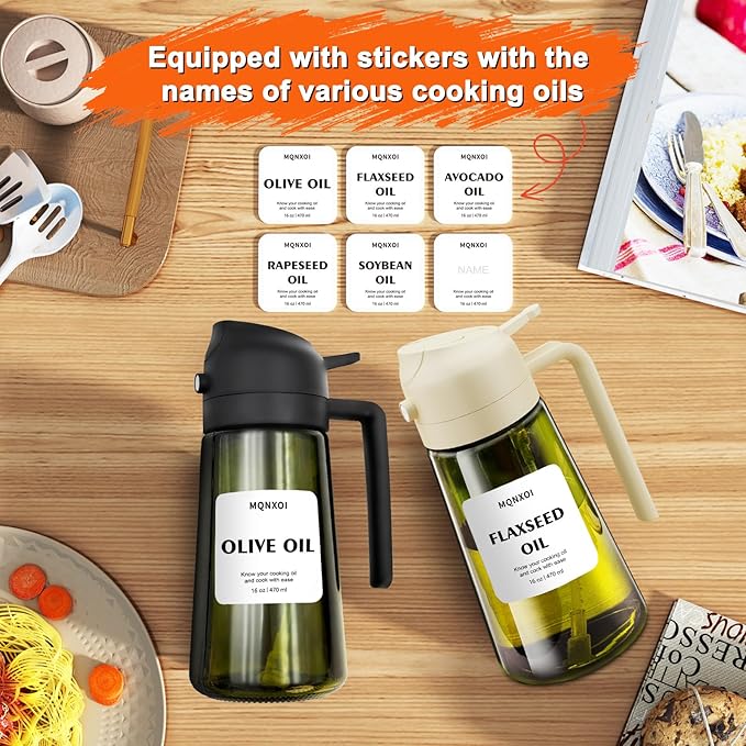 2 in 1 Glass Oil Sprayer & Dispenser,16oz/470ml Olive Cooking, Air Fryer, and Salad, for Kitchen Gadgets and Air Fryer Accessories, w/Stickers (White + Dark Green Bottle1)
