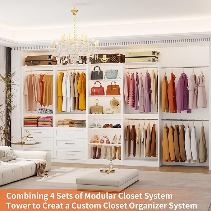 Closet System Set of 4, 8-21FT Closet System with 6 Drawers, 8 Shelves & 8 Hanging Rods, Custom Walk in Closet Organizer System Adjustable, Max 252“ Modular Closet Storage System Wood, White
