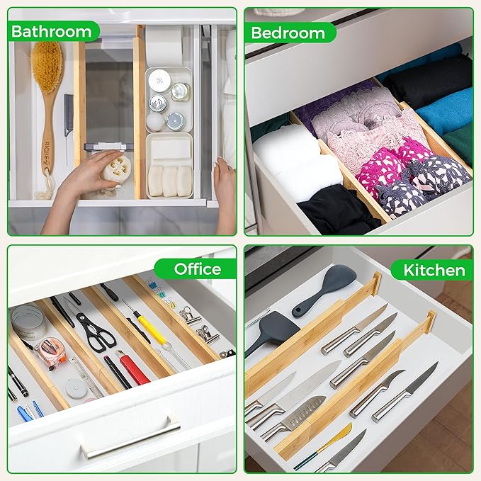 4 Pack Bamboo Kitchen Drawer Dividers with Inserts 2.6" High, Adjustable from 12.5 Inch to 21.7 Inch Drawer Organizers, Expandable Drawer Separators for Clothes, Bedroom, Dresser, Office (Beige)