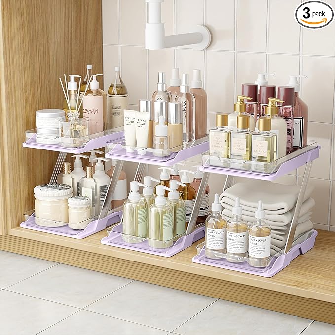 3 Pack Bathroom Organizers and Storage - Multi-Purpose,2-Tier Clear Pull Out Organization for Bathroom,Under Sink,Kitchen,Vanity,Countertop,Cabinet,Pantry & Medicine Cabinet,Pink