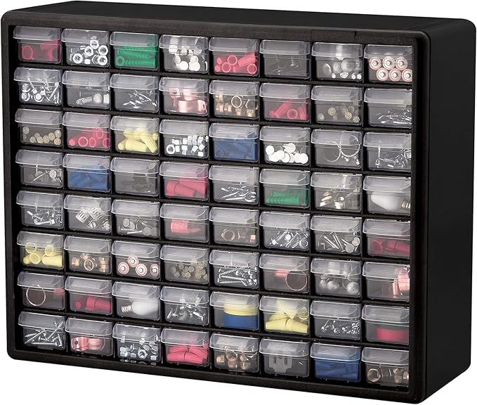 Akro-Mils 64-Drawer Plastic Drawer Storage Cabinet for Garage Organization, Bead Organizer, Building Bricks Storage, Teacher Toolbox, Makeup Organizer, 20" W x 6" D x 16" H, 10164 Black