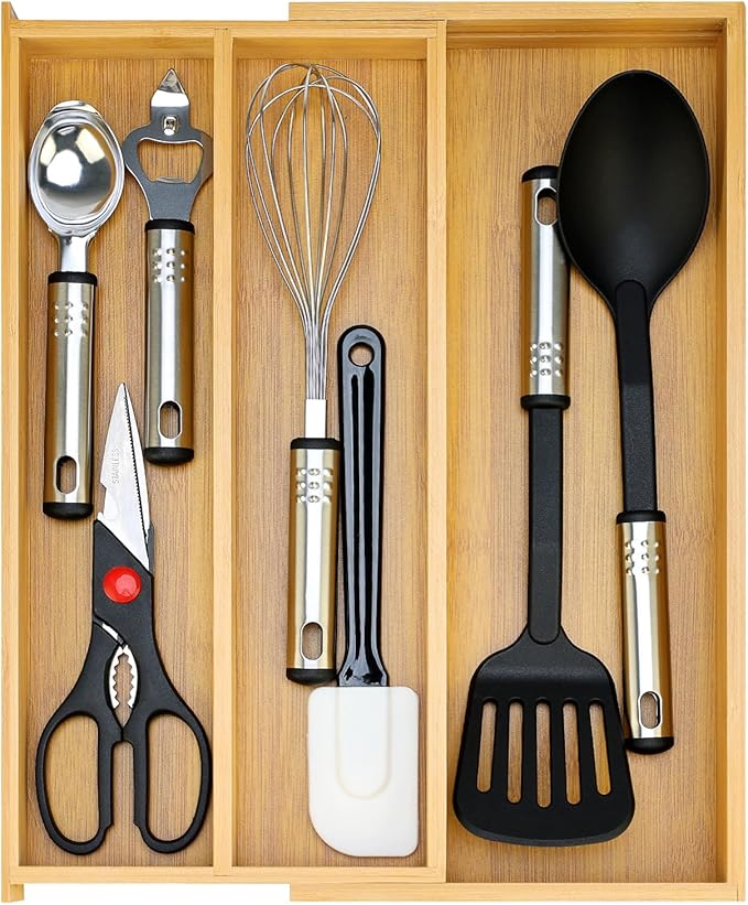 Large Bamboo Silverware Drawer Organizer Tray Kitchen Tool Drawer Divider Organizers Storage Expandable Cooking Utensil Organizer Wooden Cutlery Tray Spoon Flatware Organizers Utensil Holder Drawers