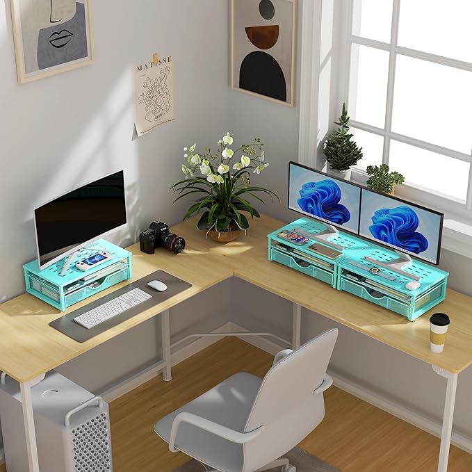 Computer Monitor Stand Riser, Office organizer with Drawer, Blue