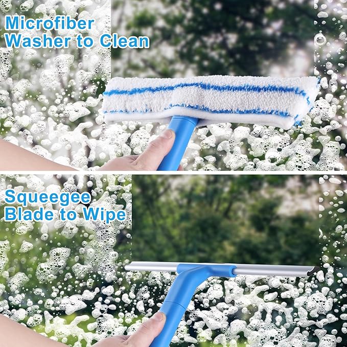 Mitclear Window Cleaner with Long Handle(57IN), Glass Cleaning Tools with Silicone Squeegee & Microfiber Scrubber, Window Cleaning Kit for Shower Glass Mirror Door Car