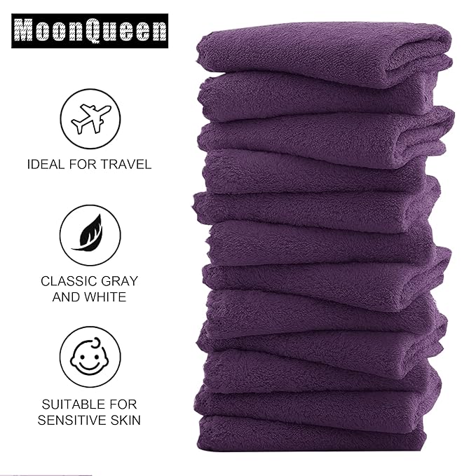 MOONQUEEN Microfiber Facial Cloths Fast Drying Washcloth 12 Pack - Premium Soft Makeup Remover Cloths - Grape Purple