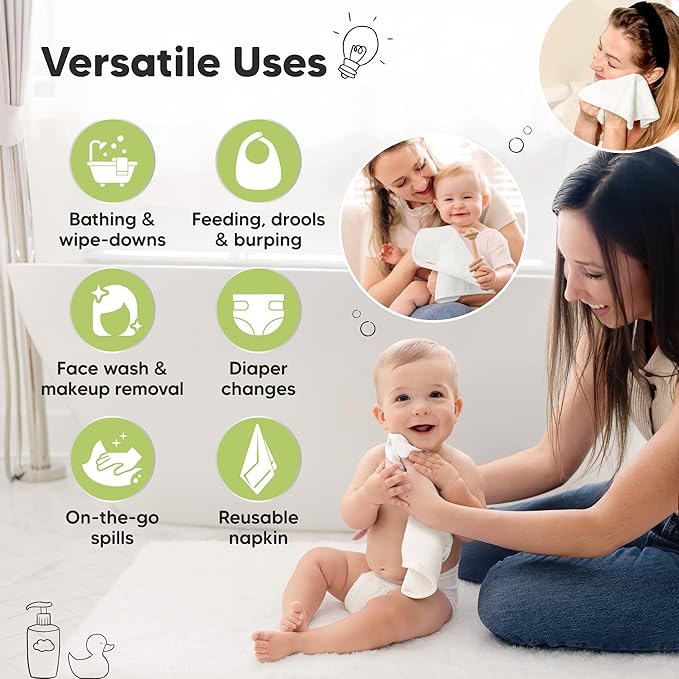6-Pack Baby Washcloths – Soft Absorbent Viscose from Bamboo Washcloths for Face, Body, Baby Towels for Newborn, Kids, Toddlers, Infant, Gentle on Sensitive Skin, 10x10 Reusable Face Towels (White)
