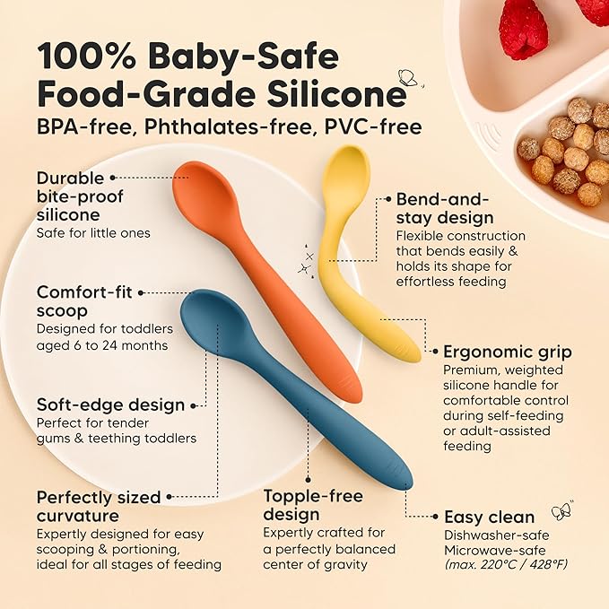 KeaBabies Silicone Baby Spoons, Self Feeding 6-12 months - 3-Pack Baby Weaning Eating Utensils, Toddler First Food Training Spoon, Infant, Kids Feeding Supplies Essential Set,Dishwasher-safe (Valiant)
