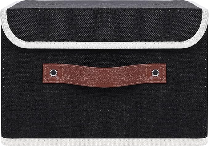 ANMINY Storage Bin with Lid Storage Boxes with PU Leather Handles PP Plastic Board Decorative Foldable Lidded Cotton Linen Fabric Home Cubes Baskets