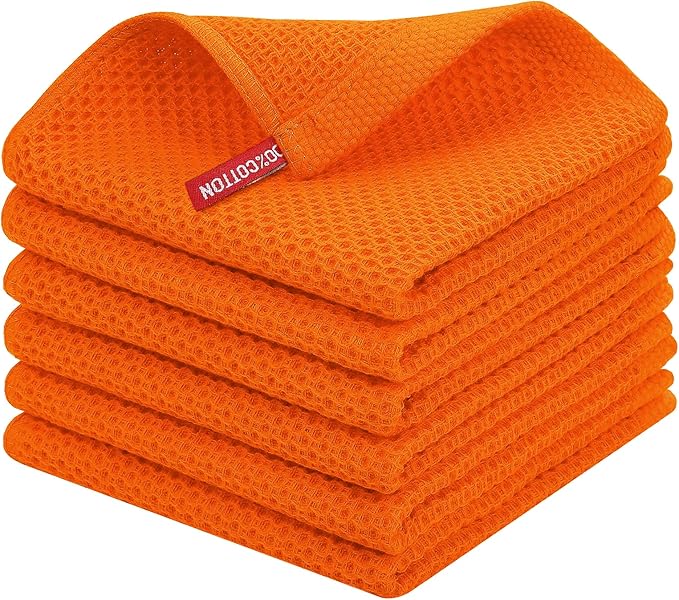 Homaxy 100% Cotton Waffle Weave Kitchen Dish Cloths, Ultra Soft Absorbent Quick Drying Dish Towels, 12 x 12 Inches, 6-Pack, Orange