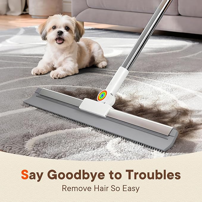 Floor Squeegee with Long Handle, 180° Rotating Silicone Broom for Concrete & Tile Floors, Squeegee for Water Removal on Garage, Bathroom and Deck