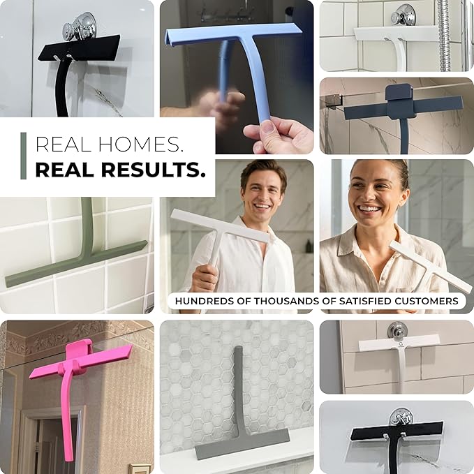 GÜTEWERK Silicone Shower Squeegee for Glass Doors & Mirrors with Stainless Steel Core, Streak-Free & No-Squeak Window Cleaning, 3-in-1 No-Drill Mount (Hook/Suction/Adhesive),Gray, 9 Inches