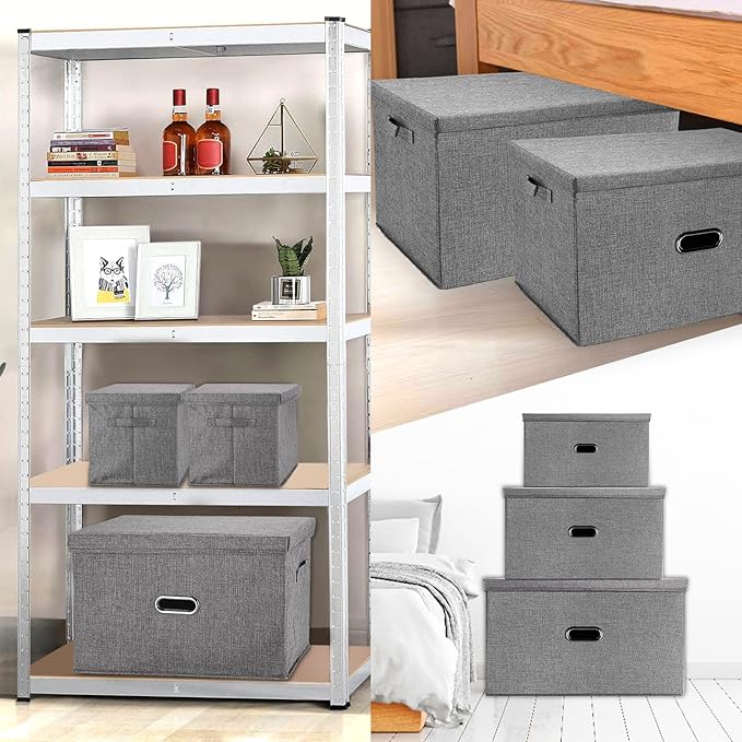 Large Linen Fabric Foldable Storage Bins with Removable Lid and Handles, Washable Storage Box Organizer Containers Baskets Cube with Cover for Bedroom