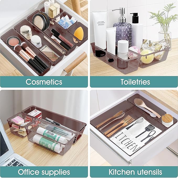 25 PCS Plastic Drawer Organizer Set, Clear Brown