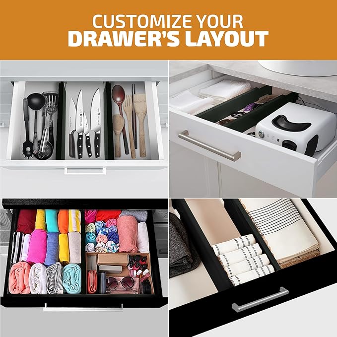 4-Pack Bamboo Drawer Dividers, 12.2 to 17.3 Inches Deep, 2.6 Inches High, Black
